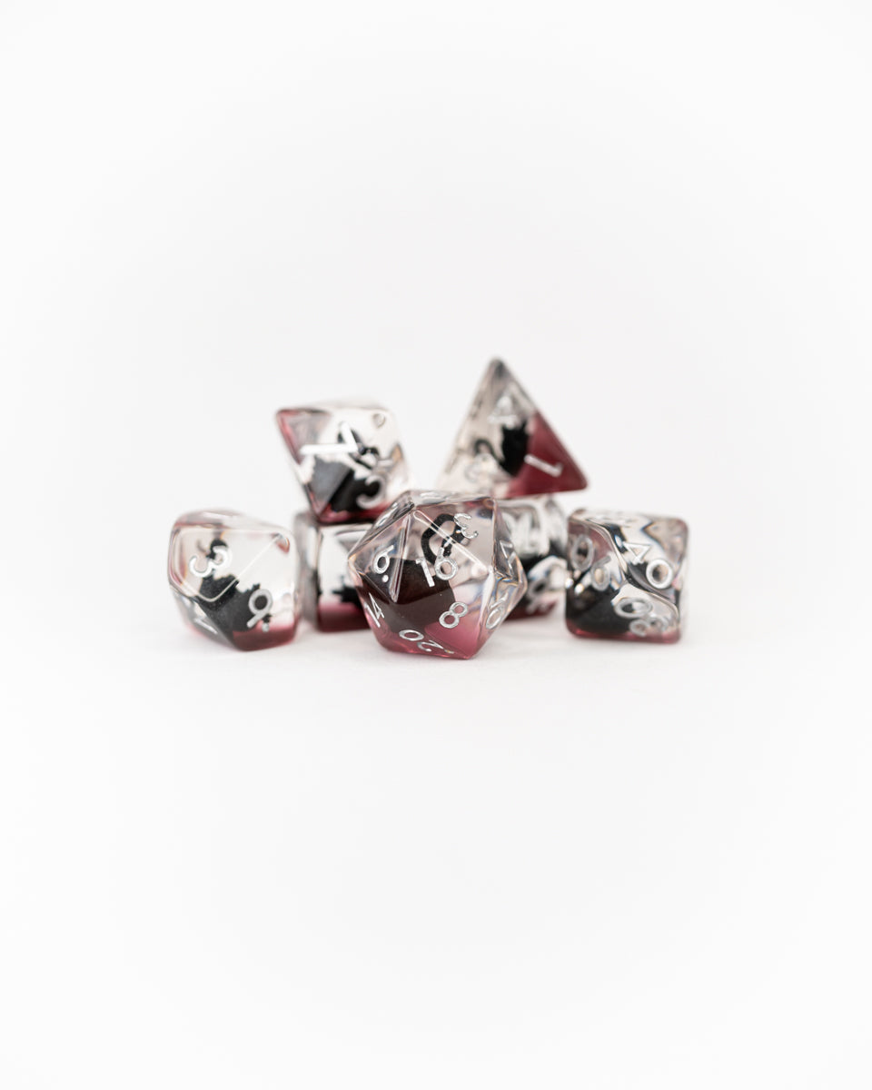 Black Swan | Black Swan | 7 Piece Acrylic Inclusion Dice Set - Emberglow Gaming
