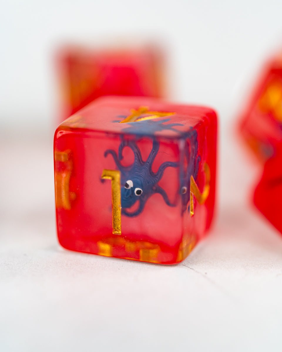 Cephalopoppy | Octopus | 7 Piece Acrylic Inclusion Dice Set - Emberglow Gaming