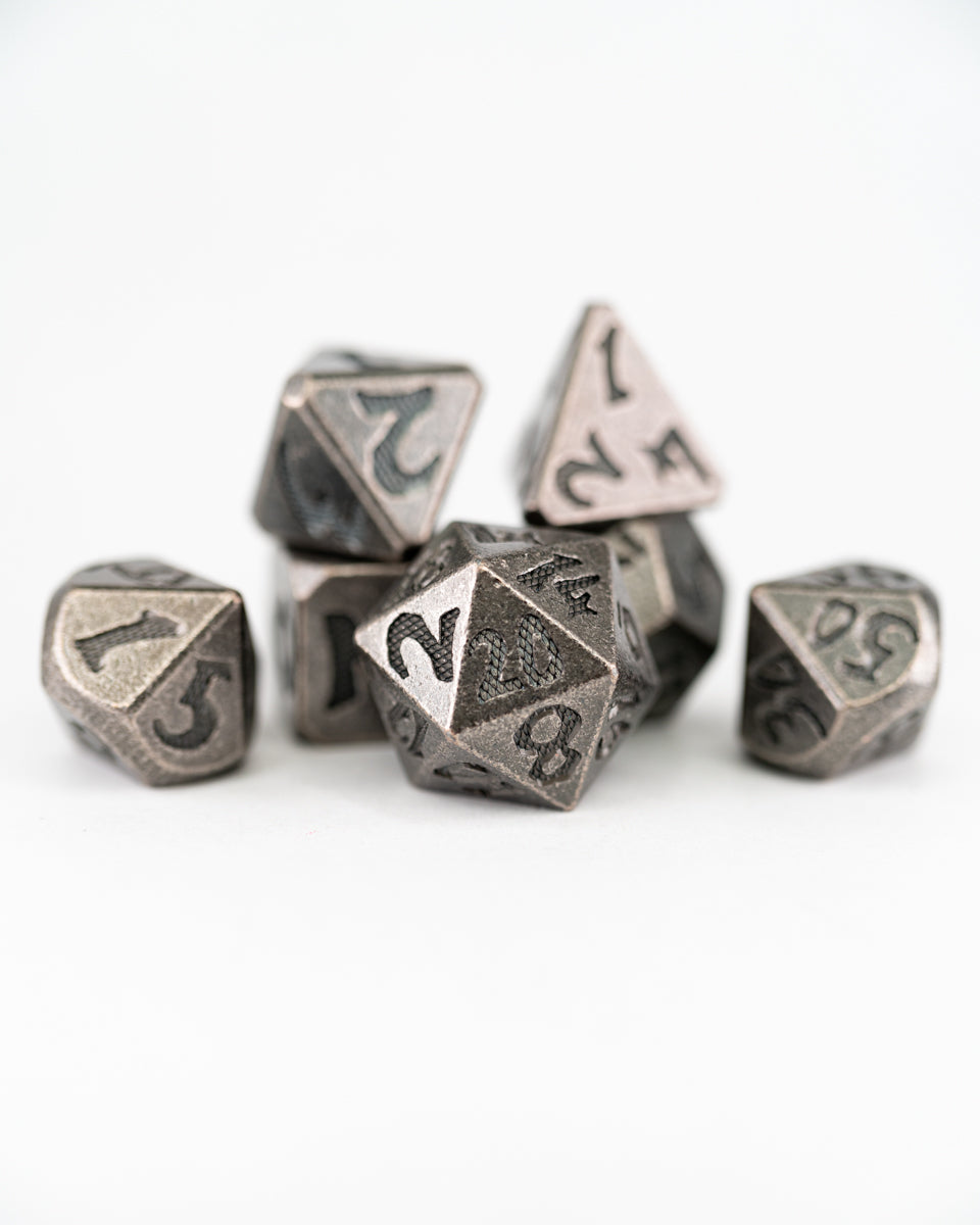 Rivet and Rock | Large Font | 7 Piece Metal Dice Set - Emberglow Gaming