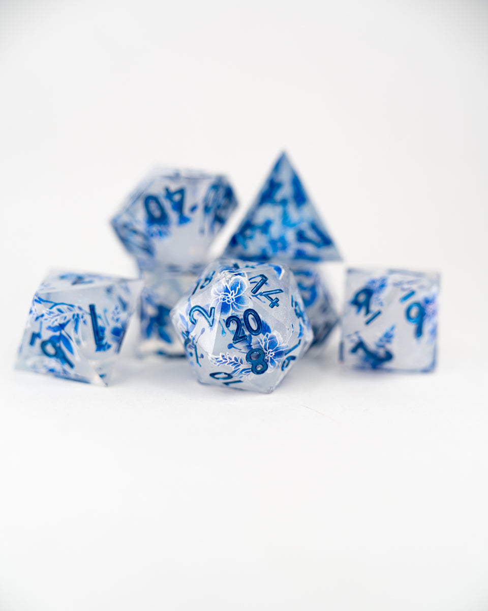 High Tea | Double Cast | 7 Piece Sharp Edge Resin Dice Set - Emberglow Gaming