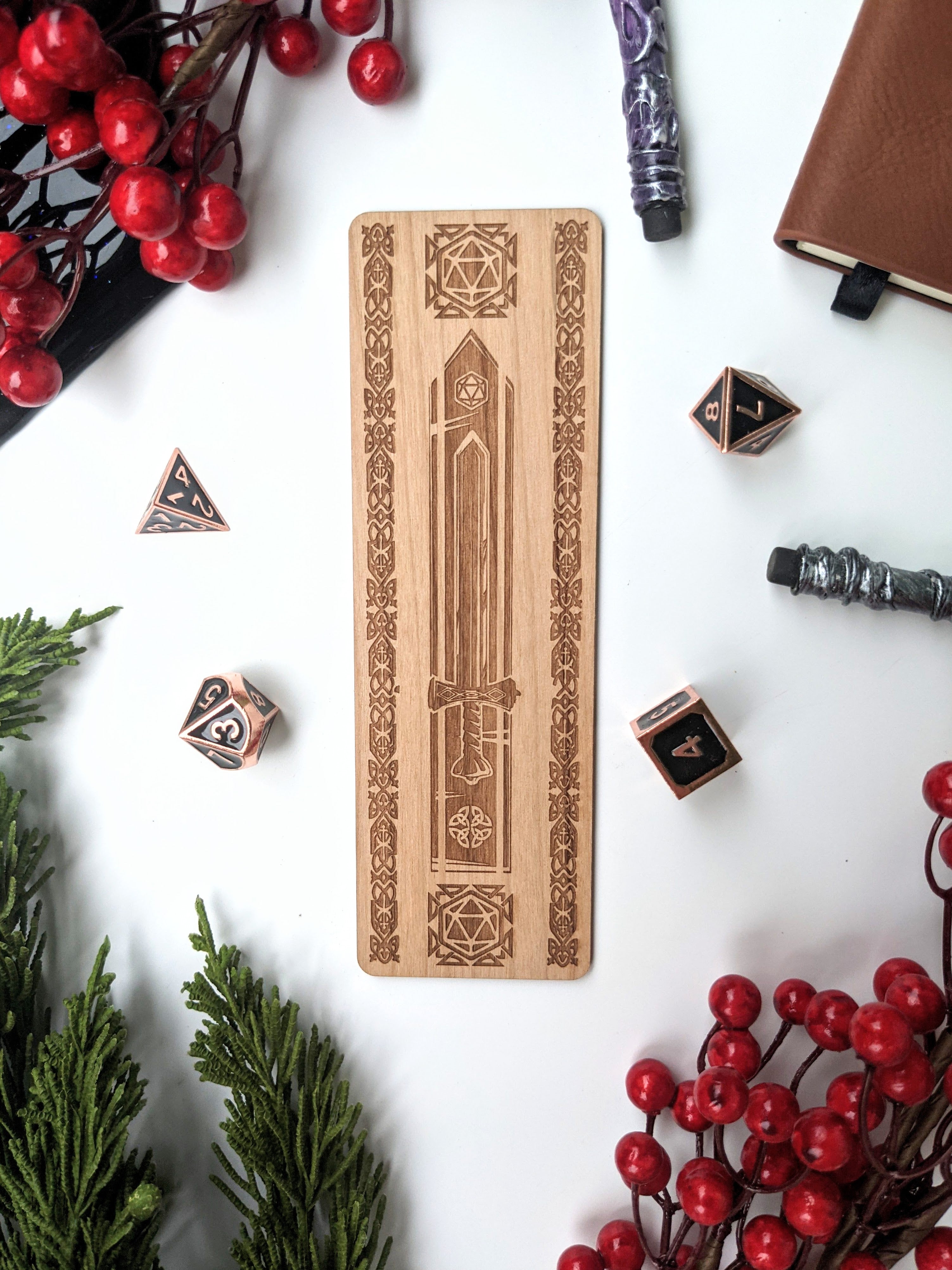 Celtic Dice Sword | Engraved Wooden Bookmark - Emberglow Gaming