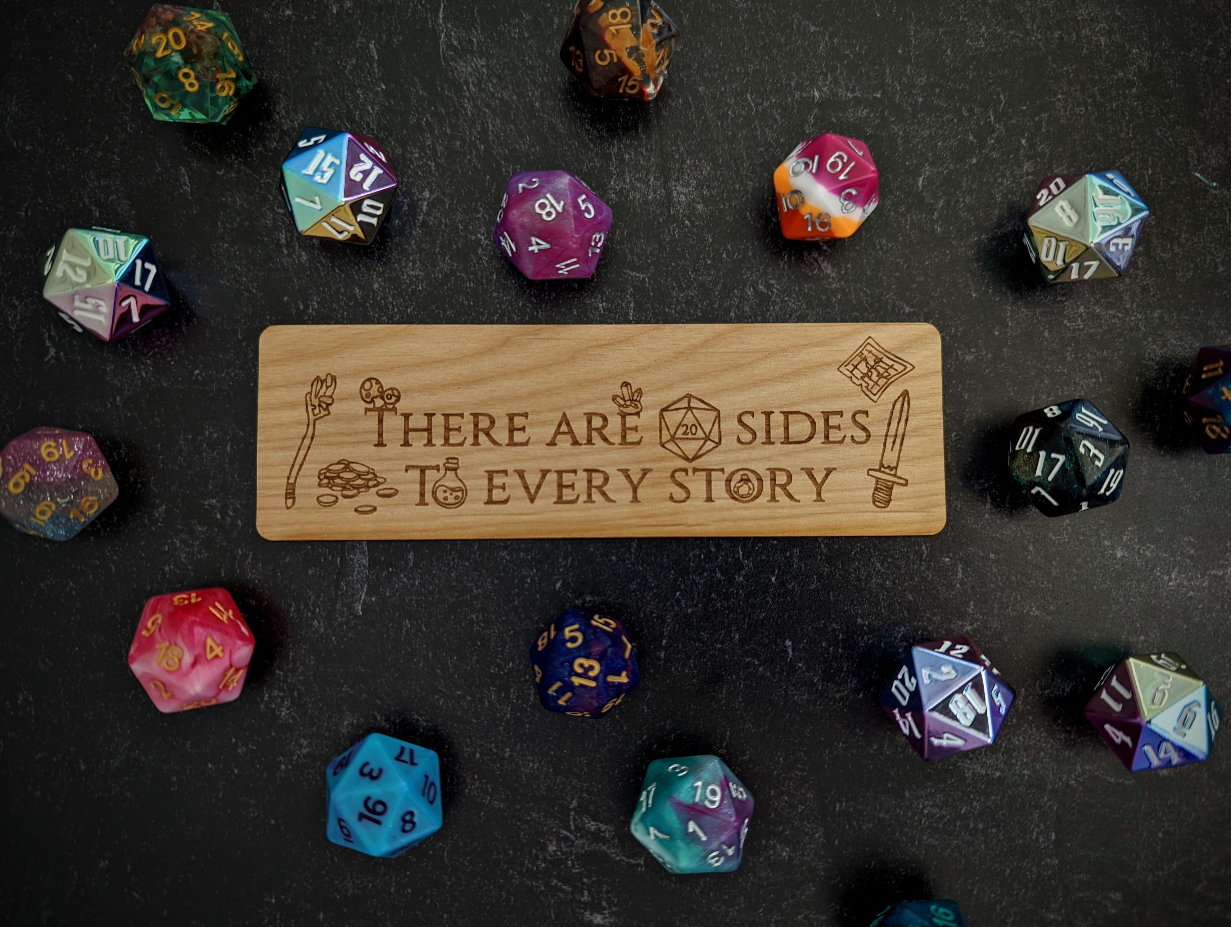 There Are 20 Sides To Every Story | Engraved Wooden Bookmark - Emberglow Gaming