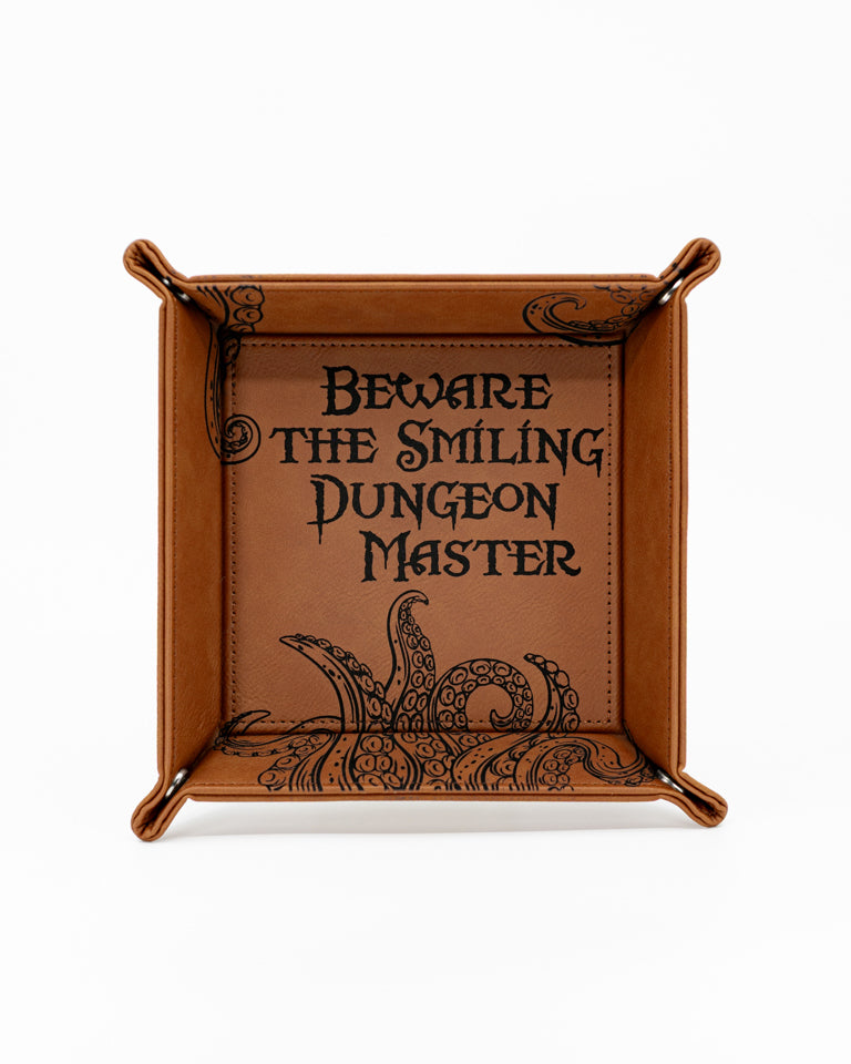 Beware the Smiling DM | Vegan Leather Dice Rolling Tray - Emberglow Gaming