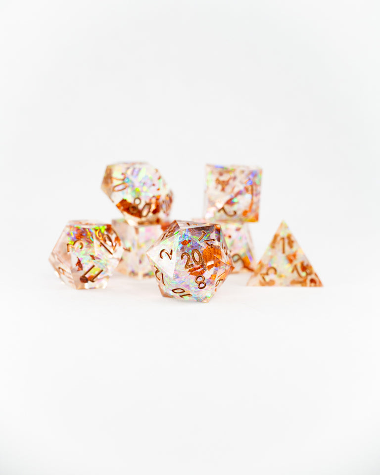 Faith's Farthing | 7 Piece Sharp Edge Resin Dice Set - Emberglow Gaming