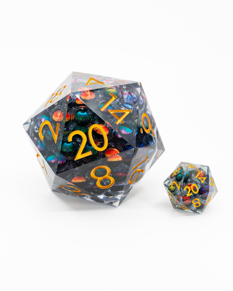 Beheld | Floating Multi Eye Inclusion | 33MM Sharp Edge D20 - Emberglow Gaming