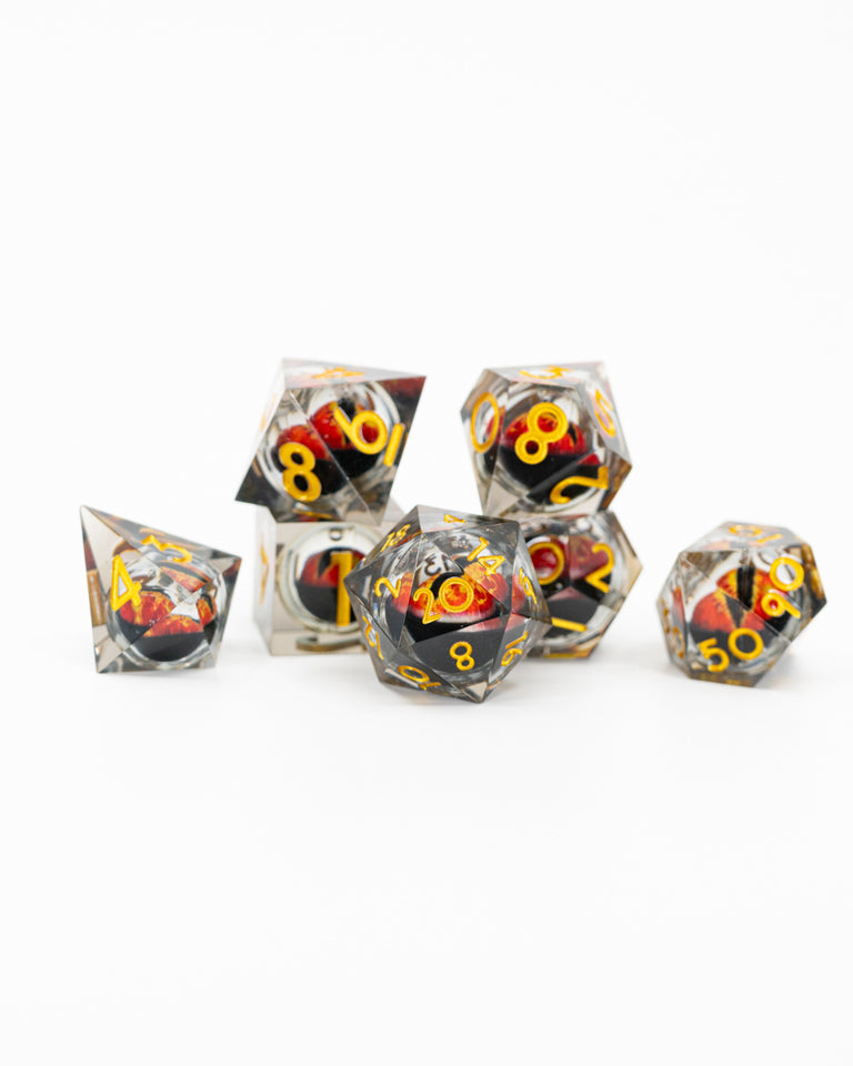 Azathoth | Floating Eye Inclusion | 7 Piece Sharp Edge Resin Dice Set - Emberglow Gaming