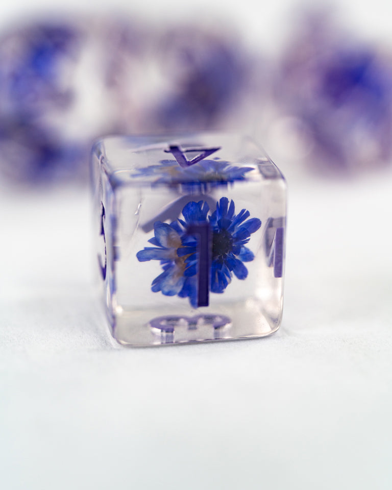 Monkshood | Blue Flower | 7 Piece Acrylic Inclusion Dice Set - Emberglow Gaming