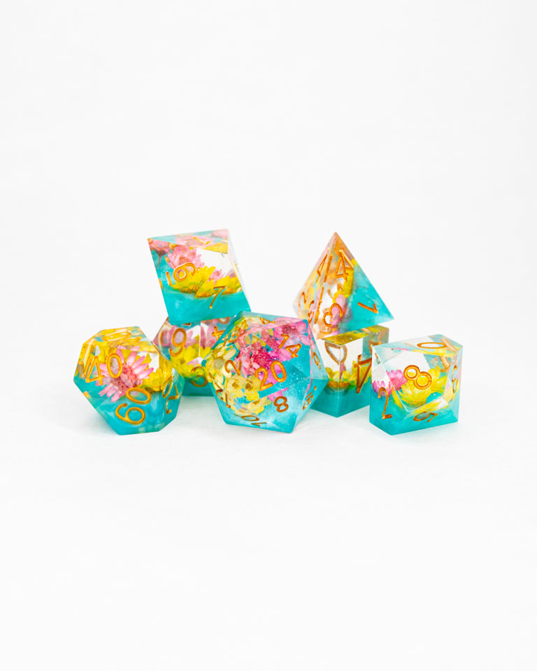 May Queen | 7 Piece Sharp Edge Resin Dice Set - Emberglow Gaming