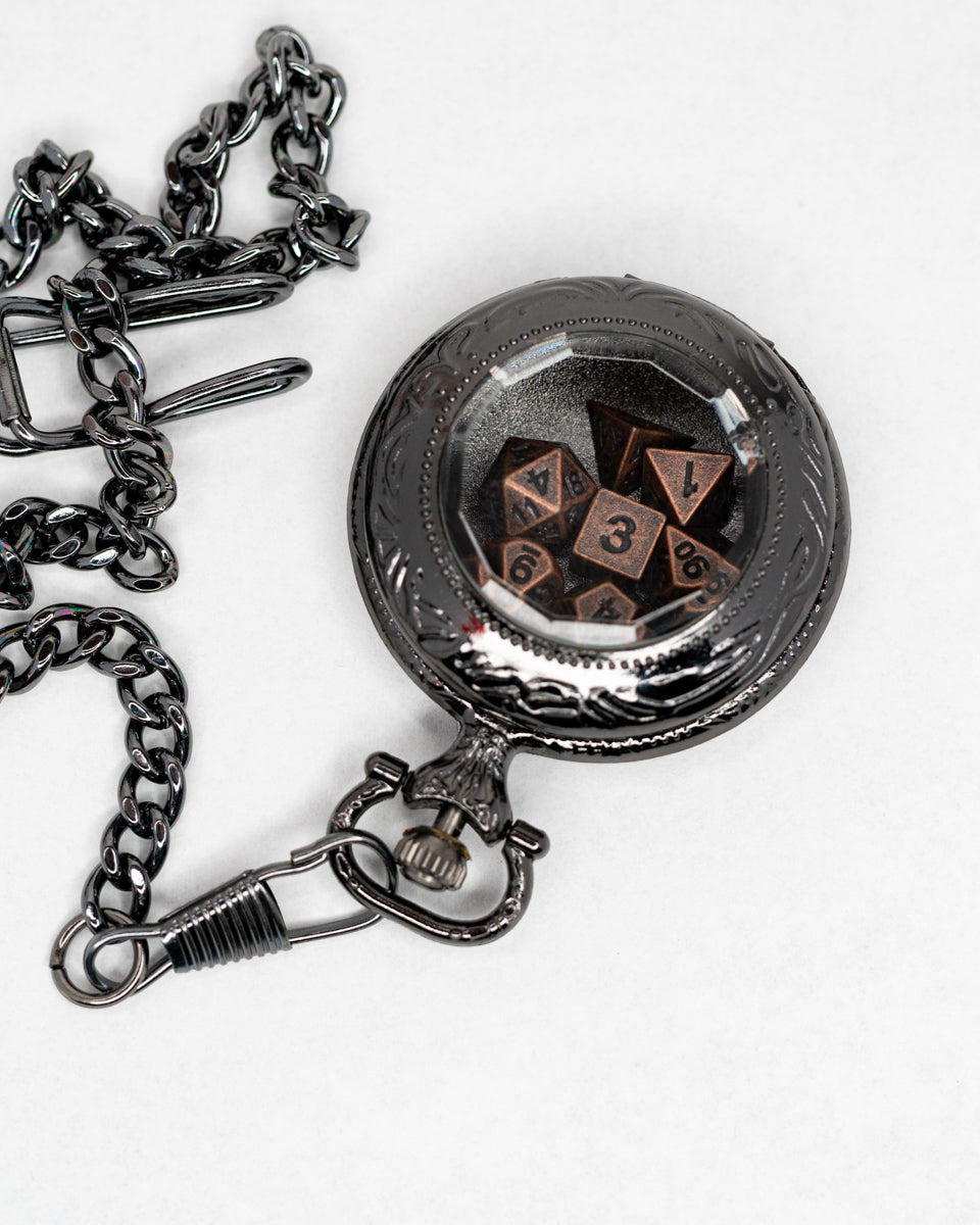 Infant Horologist | Black Chrome Pocket Watch with 7 Piece Micro Mini Metal Dice Set - Emberglow Gaming