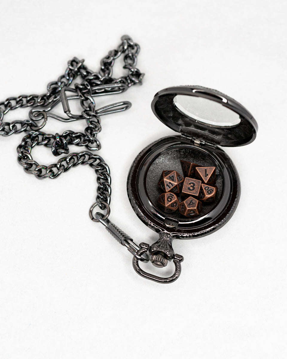 Infant Horologist | Black Chrome Pocket Watch with 7 Piece Micro Mini Metal Dice Set - Emberglow Gaming