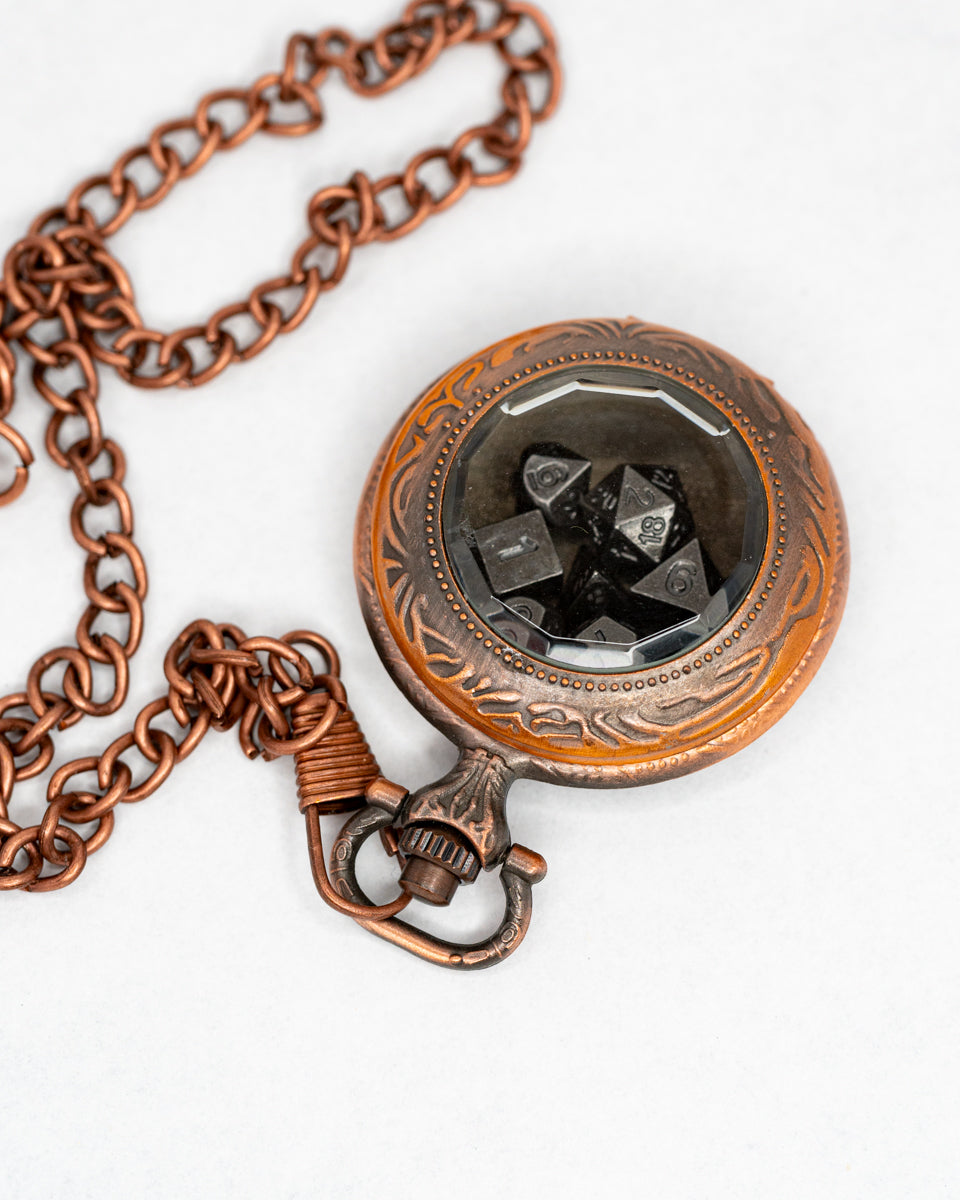 Grit In The Gears | Copper Pocket Watch with 7 Piece Micro Mini Metal Dice Set - Emberglow Gaming