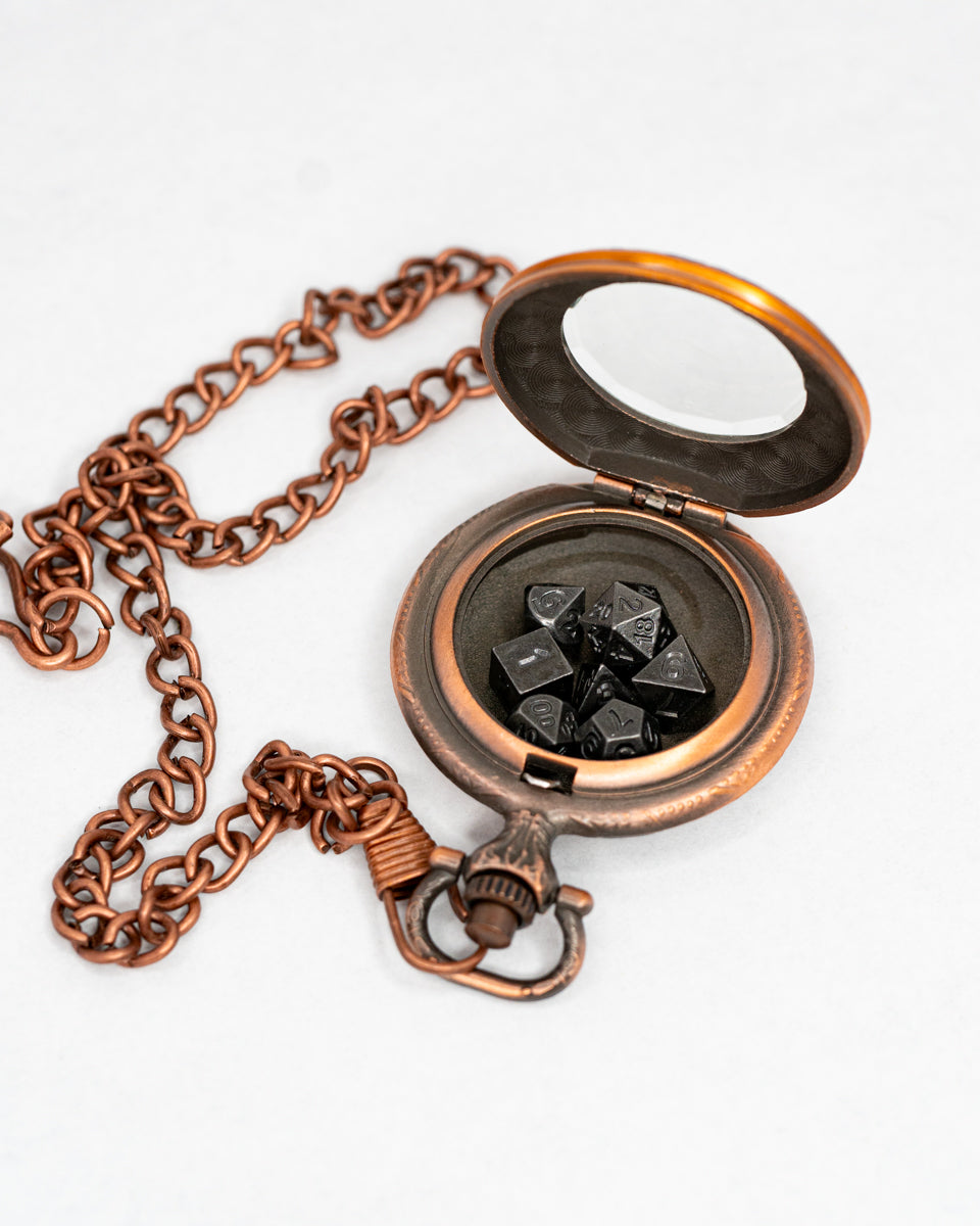 Grit In The Gears | Copper Pocket Watch with 7 Piece Micro Mini Metal Dice Set - Emberglow Gaming