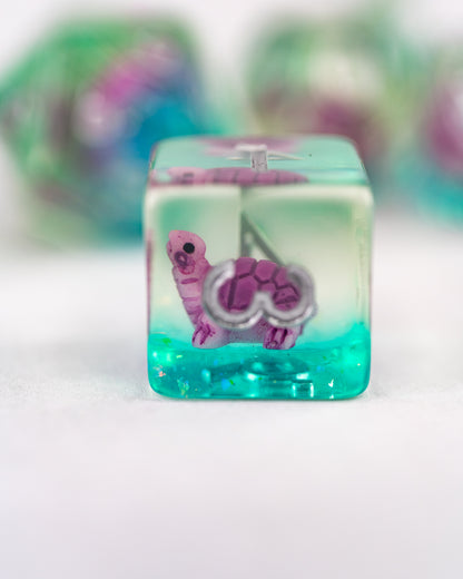 Mrs Mosey | Turtle | 7 Piece Acrylic Inclusion Dice Set - Emberglow Gaming