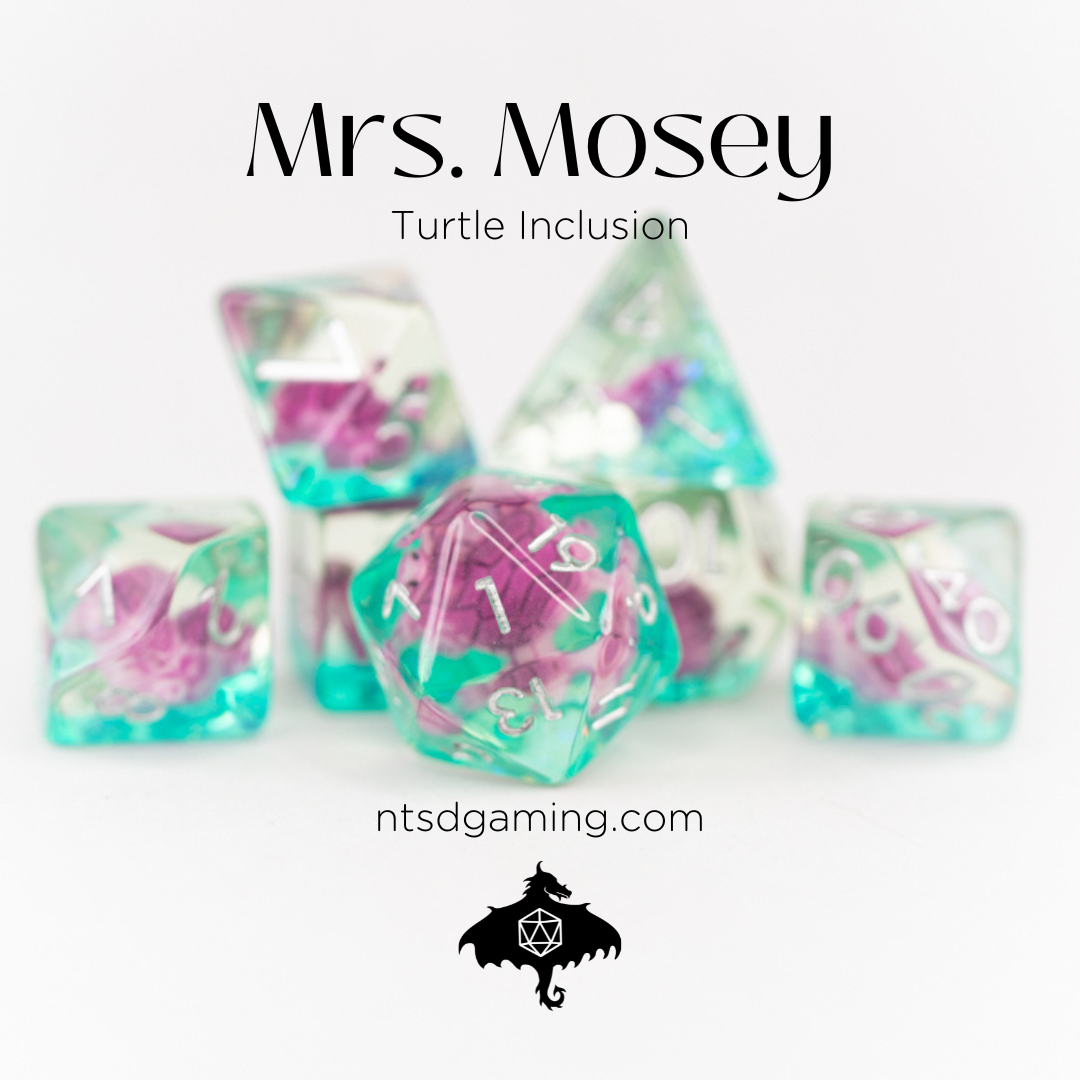 Mrs Mosey | Turtle | 7 Piece Acrylic Inclusion Dice Set - Emberglow Gaming