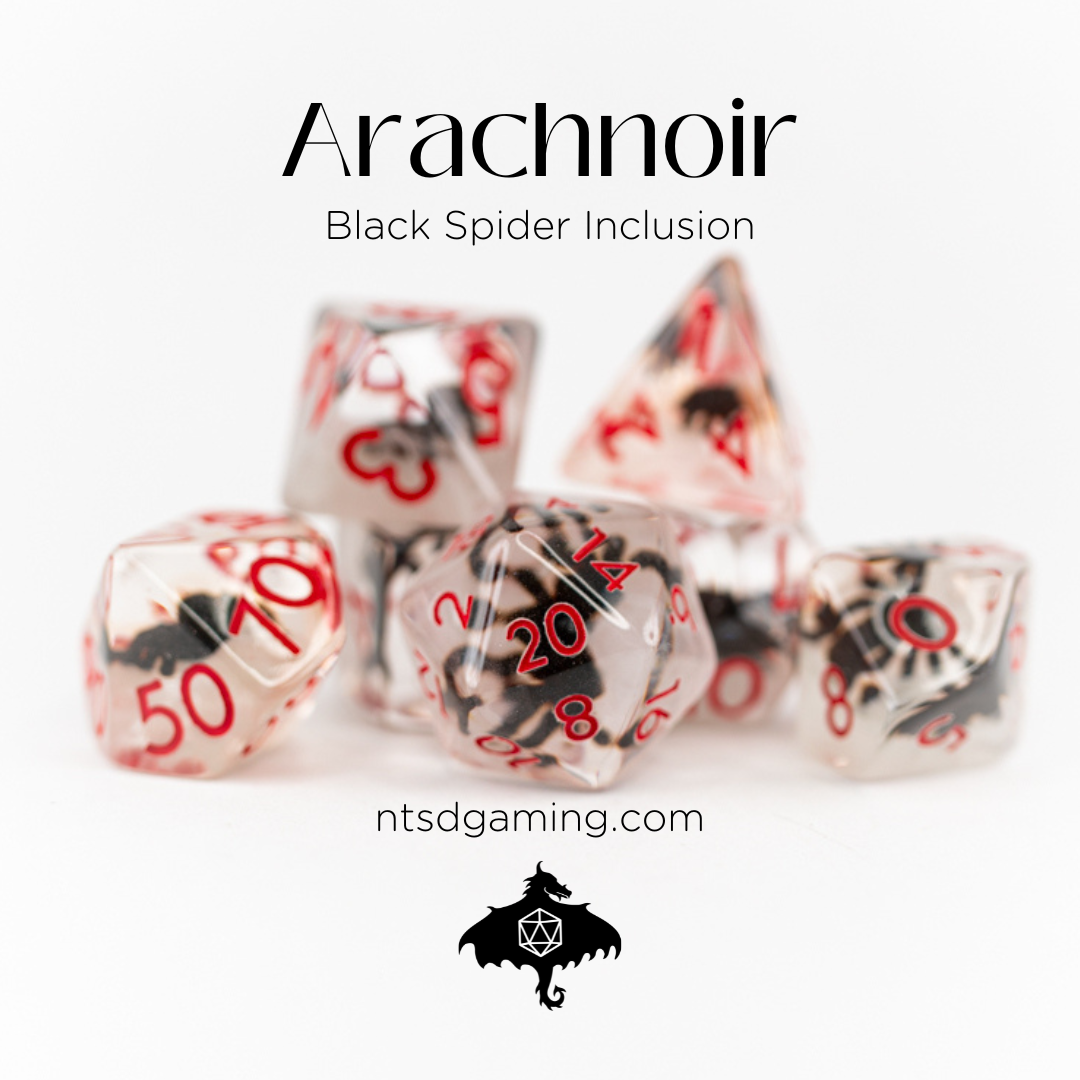 Arachnoir | Black Spider | 7 Piece Acrylic Inclusion Dice Set - Emberglow Gaming