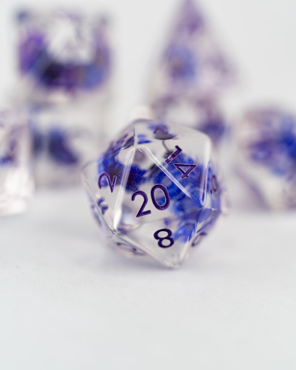 Monkshood | Blue Flower | 7 Piece Acrylic Inclusion Dice Set - Emberglow Gaming