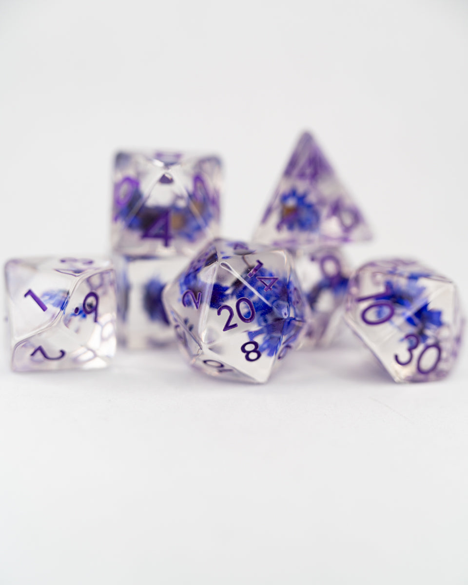 Monkshood | Blue Flower | 7 Piece Acrylic Inclusion Dice Set - Emberglow Gaming