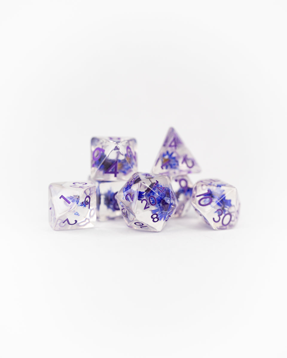 Monkshood | Blue Flower | 7 Piece Acrylic Inclusion Dice Set - Emberglow Gaming