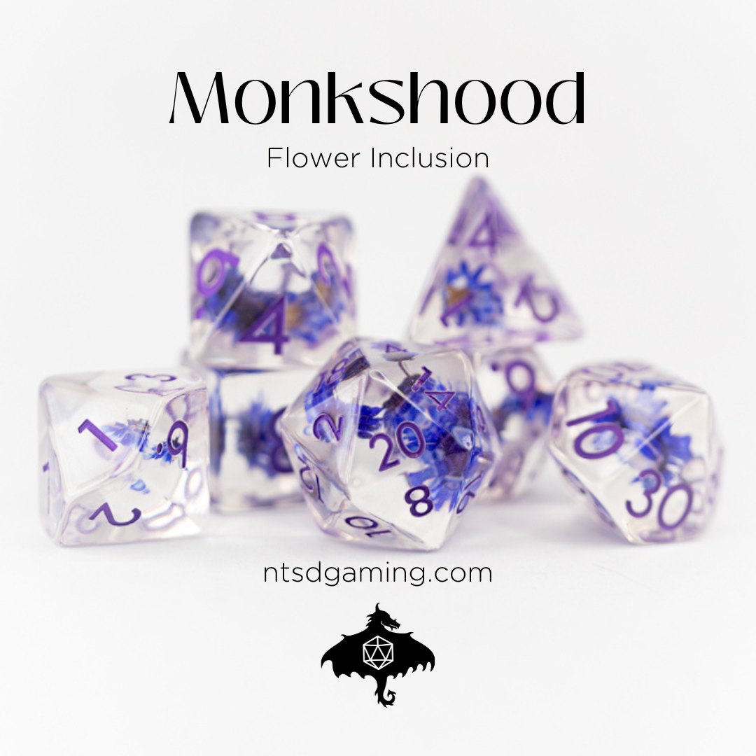 Monkshood | Blue Flower | 7 Piece Acrylic Inclusion Dice Set - Emberglow Gaming