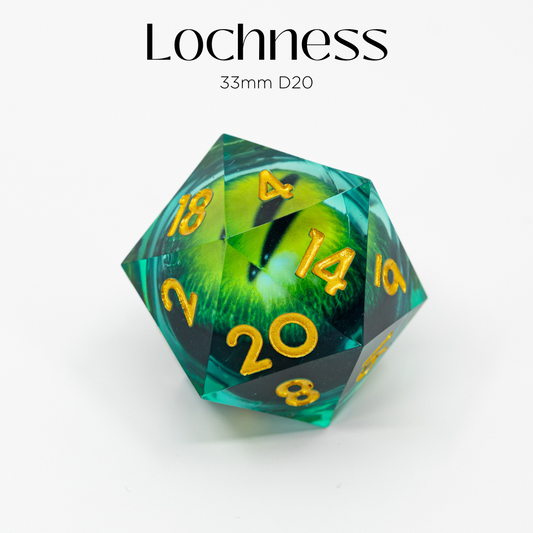 Lochness | Floating Eye Inclusion | 33MM Sharp Edge D20 - Emberglow Gaming