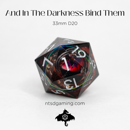 And In The Darkness Bind Them | Ring Inclusion with Watching Eye | 33MM Sharp Edge D20 - Emberglow Gaming