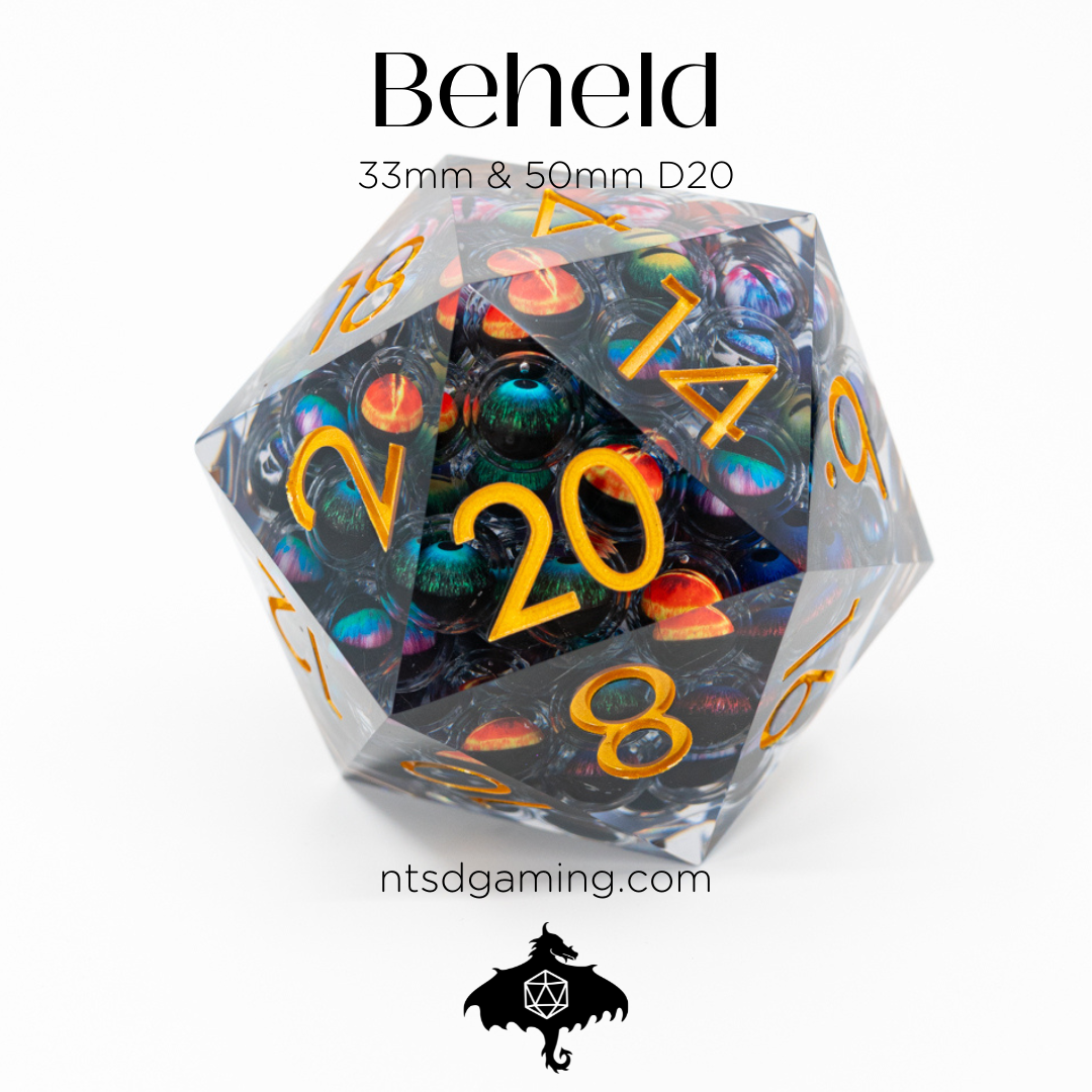 Beheld | Floating Multi Eye Inclusion | 50MM Sharp Edge D20 - Emberglow Gaming