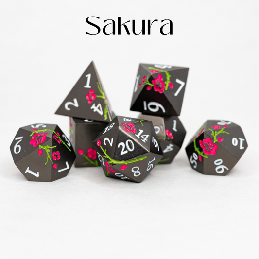 Sakura | Etched Flowers | 7 Piece Metal Dice Set - Emberglow Gaming