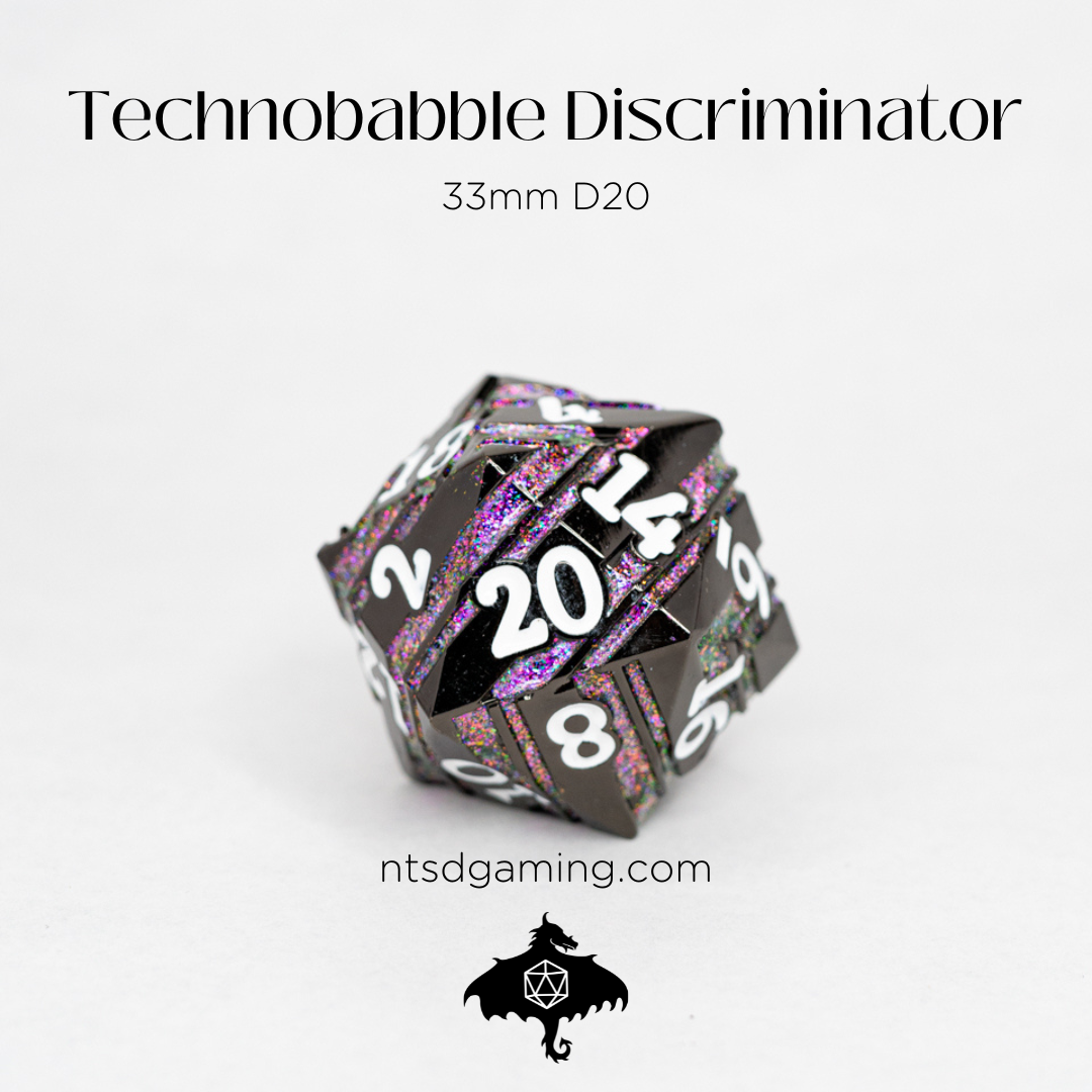 Technobabble Discriminator | 33MM Metal D20 - Emberglow Gaming