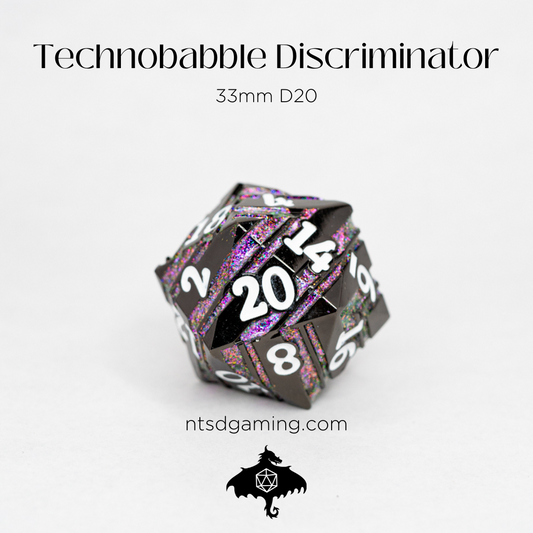 Technobabble Discriminator | 33MM Metal D20 - Emberglow Gaming