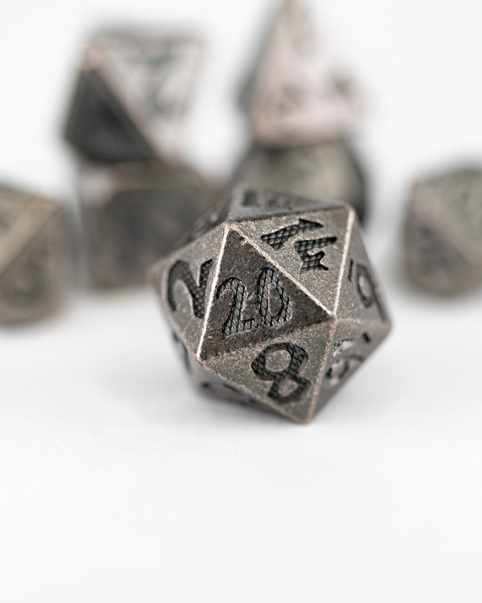 Rivet and Rock | Large Font | 7 Piece Metal Dice Set - Emberglow Gaming