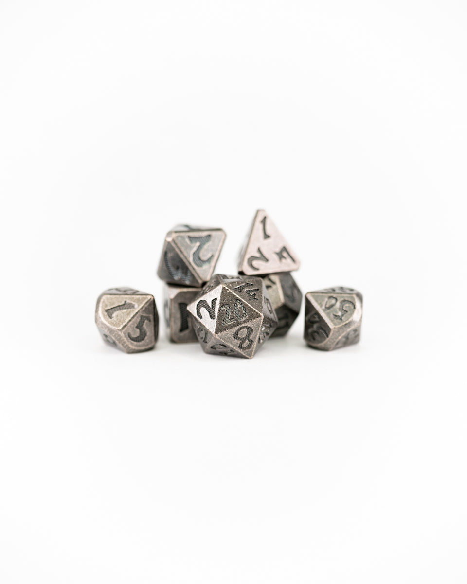 Rivet and Rock | Large Font | 7 Piece Metal Dice Set - Emberglow Gaming