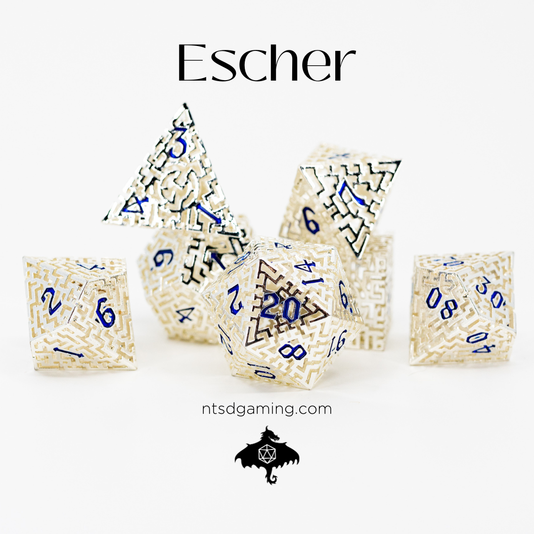 Escher | Hollow Maze | 7 Piece Metal Dice Set - Emberglow Gaming