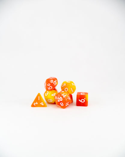 Flameseed | 7 Piece Mini Acrylic Polyhedral Dice Set - Emberglow Gaming