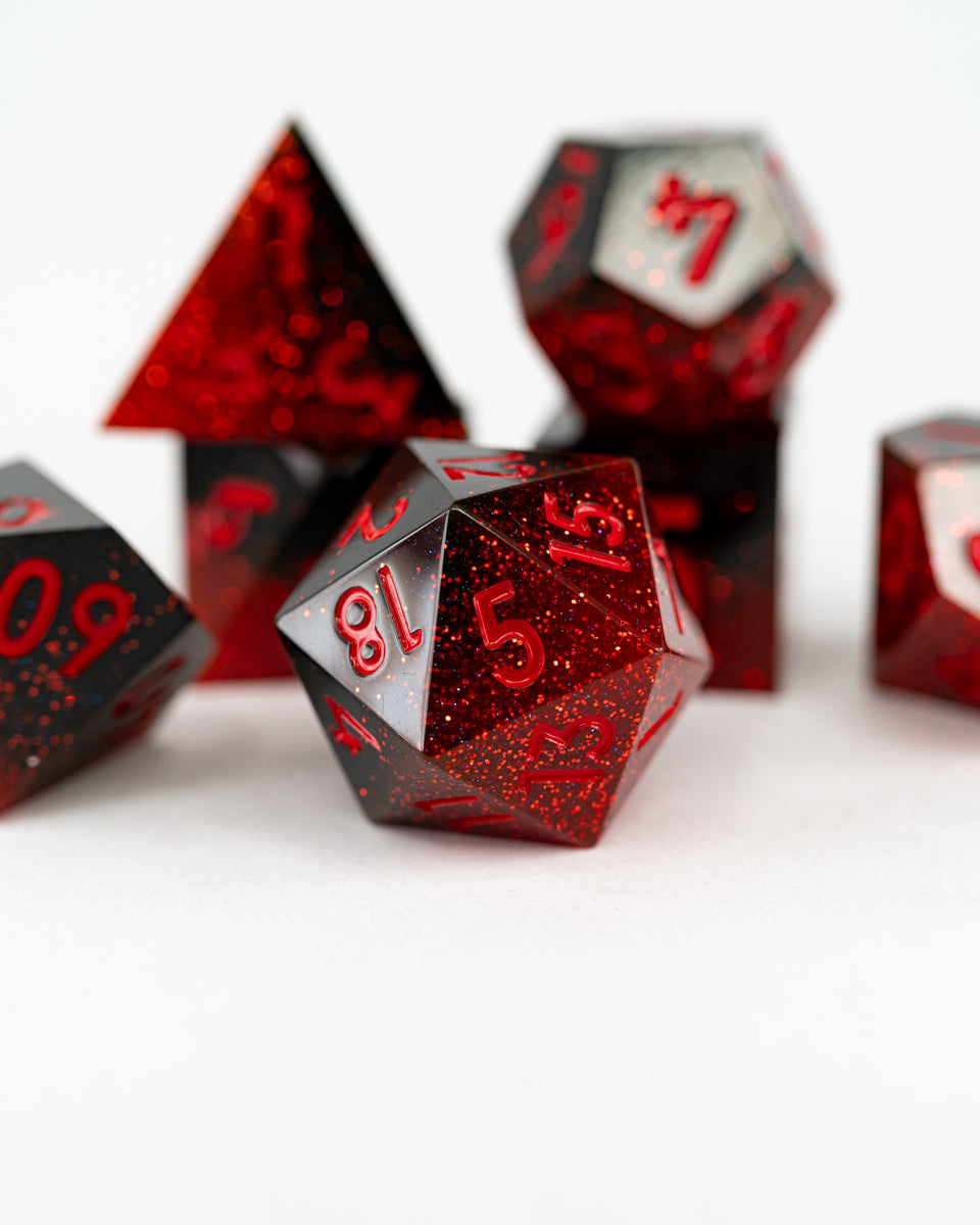 Red Wedding | 7 Piece Sharp Edge Resin Dice Set - Emberglow Gaming