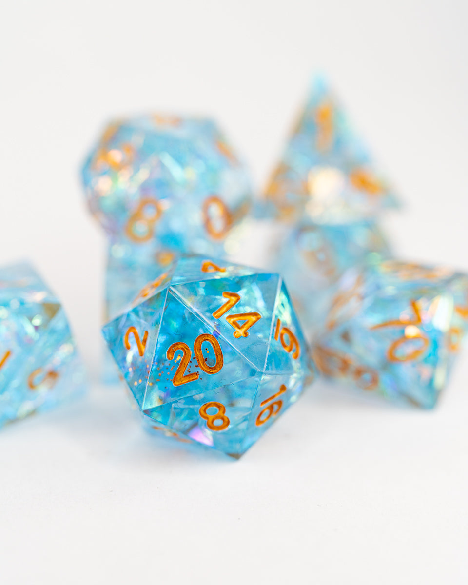 Fires of Elysium | 7 Piece Sharp Edge Resin Dice Set - Emberglow Gaming