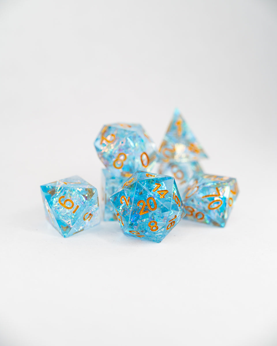 Fires of Elysium | 7 Piece Sharp Edge Resin Dice Set - Emberglow Gaming