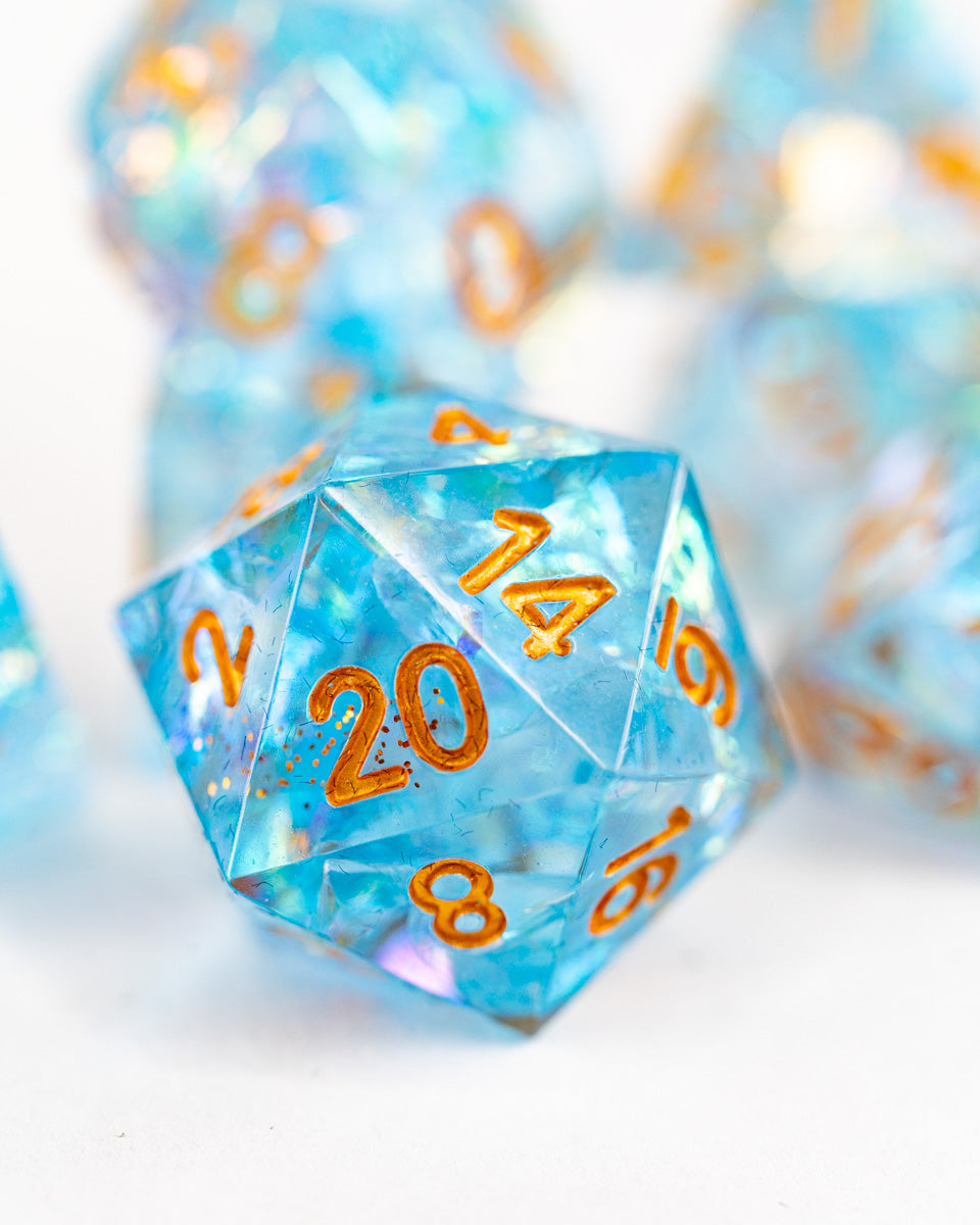 Fires of Elysium | 7 Piece Sharp Edge Resin Dice Set - Emberglow Gaming