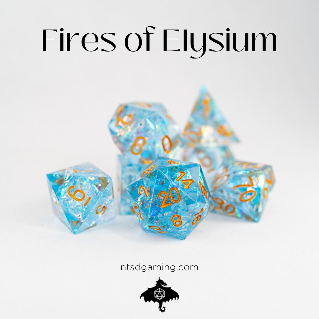 Fires of Elysium | 7 Piece Sharp Edge Resin Dice Set - Emberglow Gaming