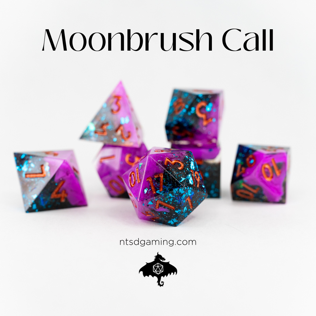 Moonbrush Call | 7 Piece Sharp Edge Resin Dice Set - Emberglow Gaming