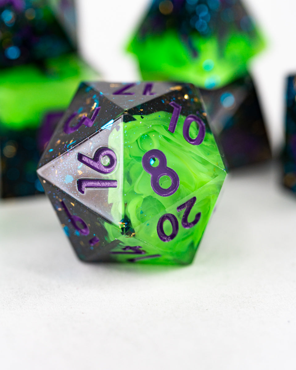 Denner Resin | 7 Piece Sharp Edge Resin Dice Set - Emberglow Gaming