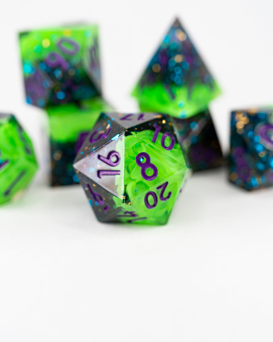 Denner Resin | 7 Piece Sharp Edge Resin Dice Set - Emberglow Gaming