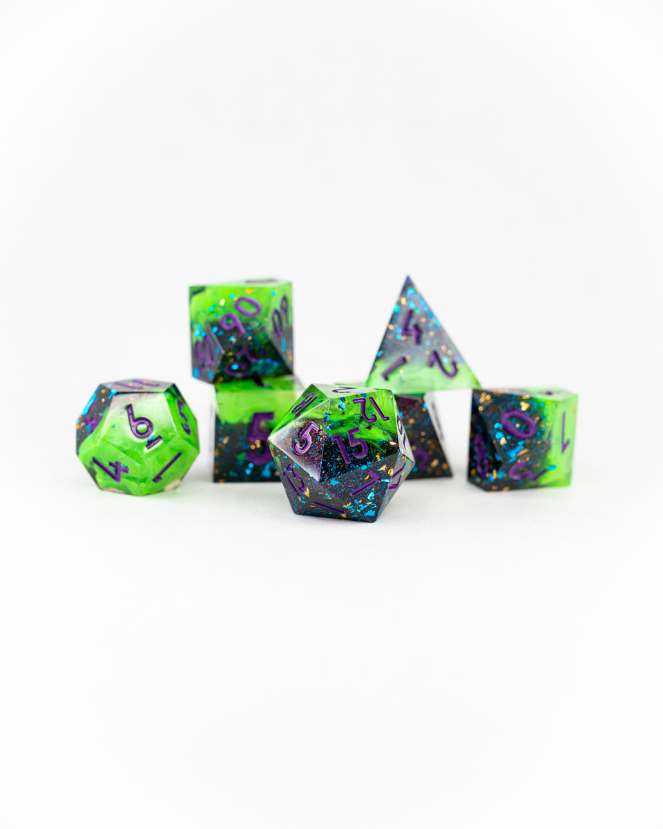 Denner Resin | 7 Piece Sharp Edge Resin Dice Set - Emberglow Gaming