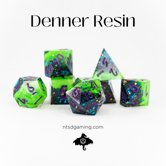 Denner Resin | 7 Piece Sharp Edge Resin Dice Set - Emberglow Gaming