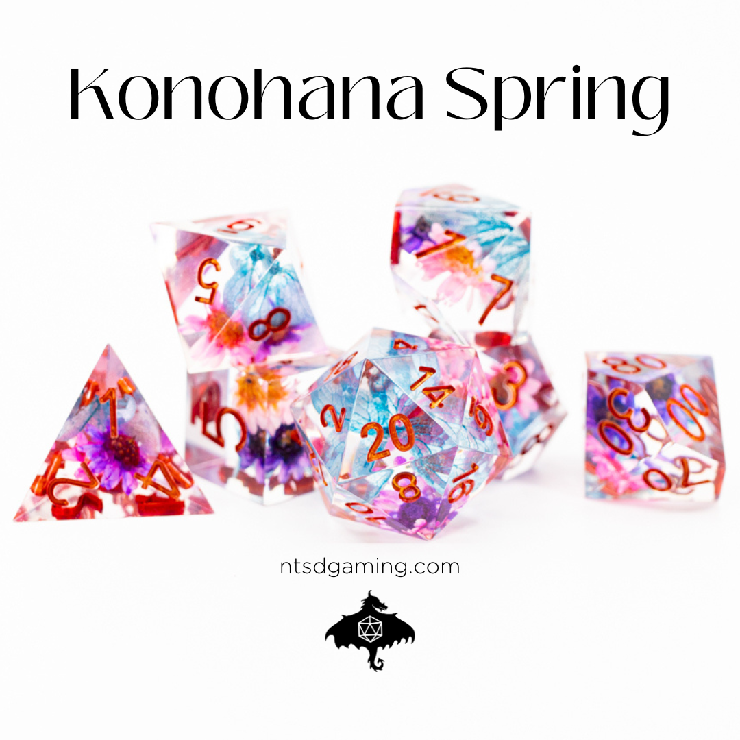 Konohana Spring | 7 Piece Sharp Edge Resin Dice Set - Emberglow Gaming