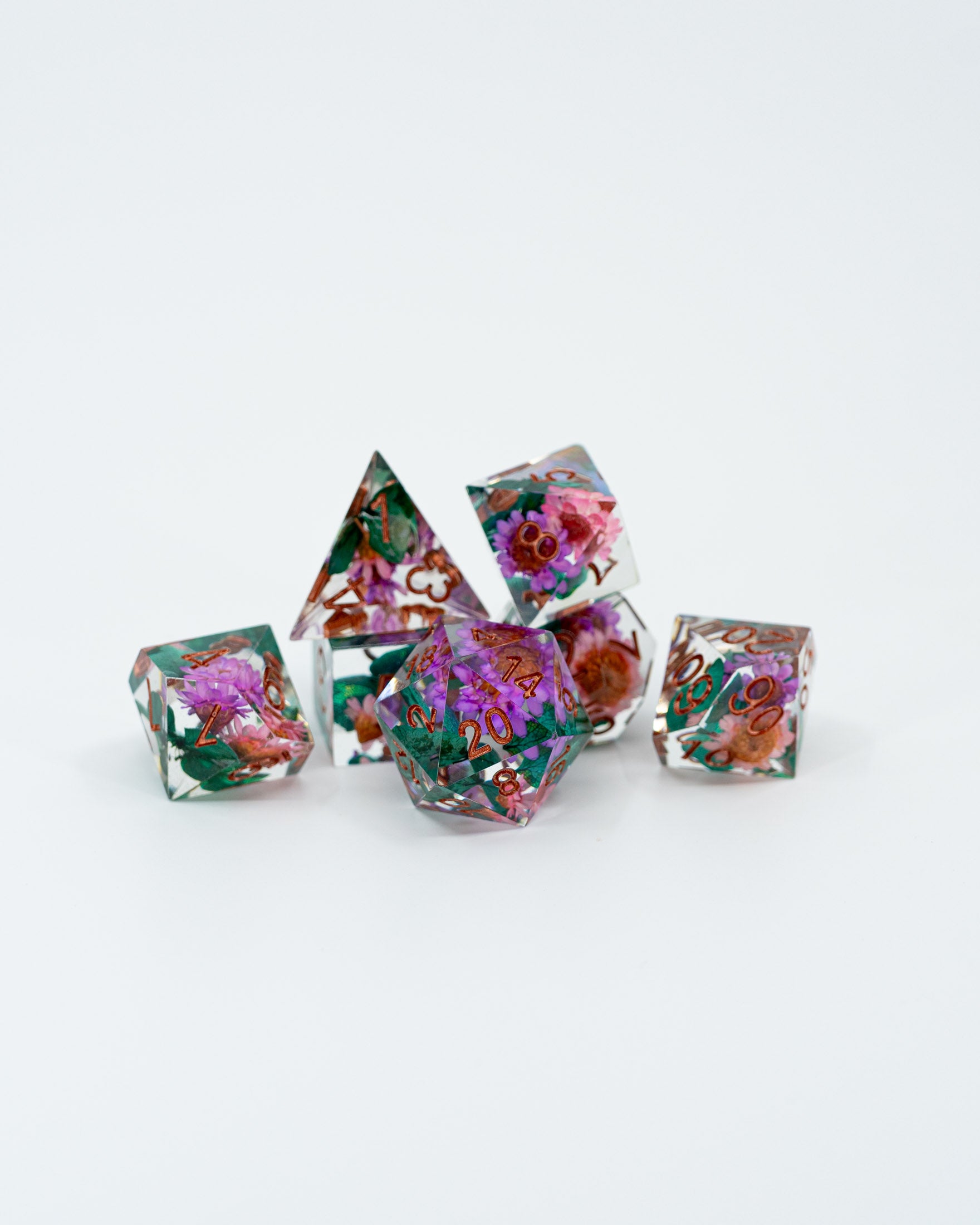 Konohana Spring | 7 Piece Sharp Edge Resin Inclusion Dice Set