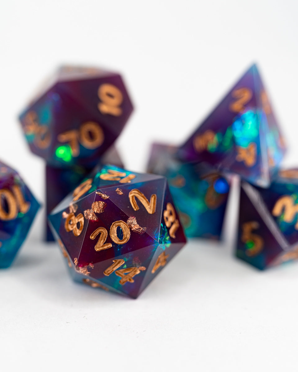 Artificer's Amulet | 7 Piece Sharp Edge Resin Dice Set - Emberglow Gaming