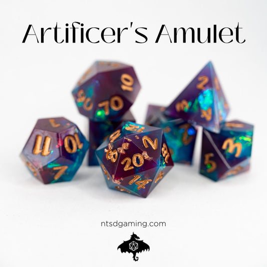 Artificer's Amulet | 7 Piece Sharp Edge Resin Dice Set - Emberglow Gaming