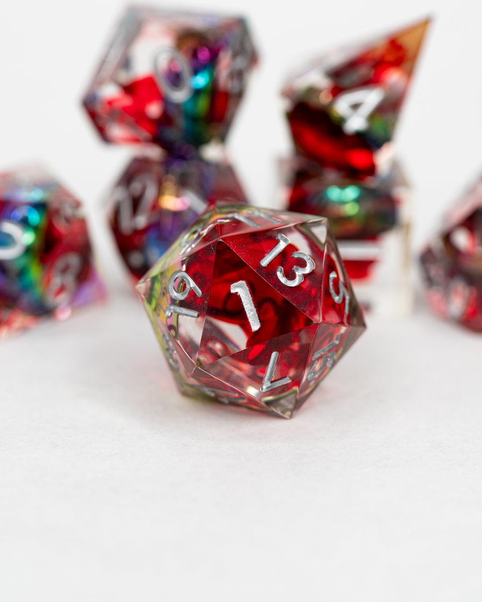 Nine for Mortal Men | Ring Inclusion | 7 Piece Sharp Edge Resin Dice Set - Emberglow Gaming