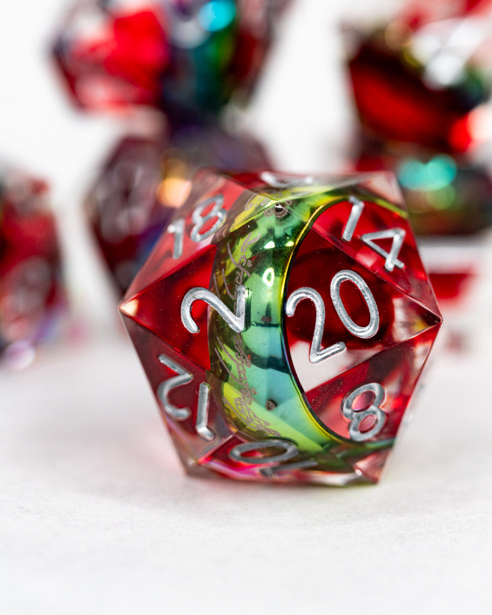 Nine for Mortal Men | Ring Inclusion | 7 Piece Sharp Edge Resin Dice Set - Emberglow Gaming