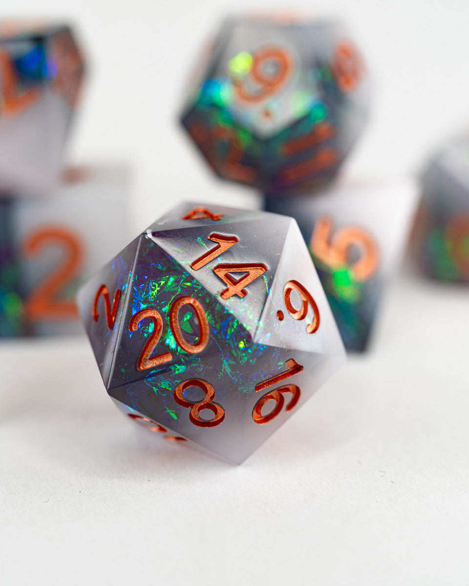 Mystic Marked | 7 Piece Sharp Edge Resin Dice Set - Emberglow Gaming